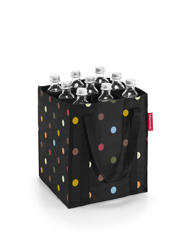 Nákupná taška na fľaše BOTTLEBAG dots z vodeodolného polyesteru 24x28x24 cm v čiernej farbe s farebnými bodkami, Reisenthel
