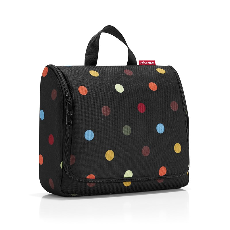 Kozmetická taška TOILETBAG XL dots z vodeodolného polyesteru 28x25x10 cm v čiernej farbe s bodkami farebnými, Reisenthel