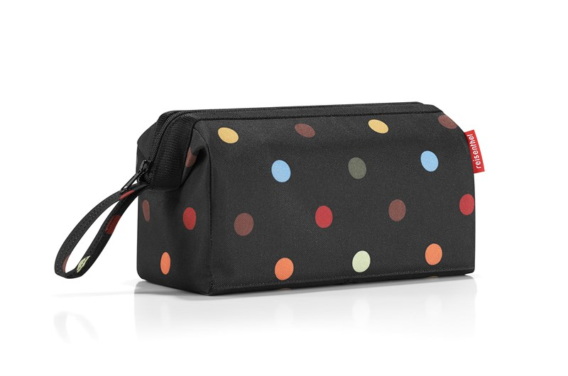 Kozmetická taška TRAVELCOSMETIC dots z vodeodolného polyesteru 26x18x13,5 cm v čiernej farbe s farebnými bodkami, Reisenthel