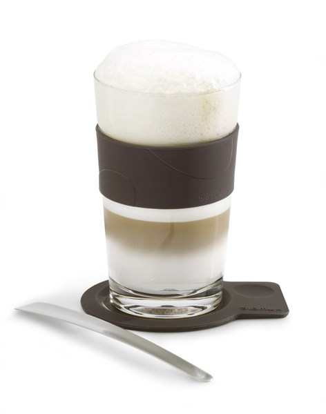 Pohár na Café latte DESA P.8 cm V:12,5 cm zo skla silikonu a nerezu v číro hnedej farbe, Blomus