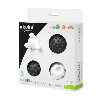 Sada senzorických hračiek Akuku balóniky 4ks 6 cm čiernobiele