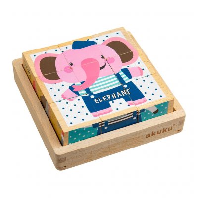 Skladacie edukačné drevené kocky v krabičke Akuku ZOO 9 ks